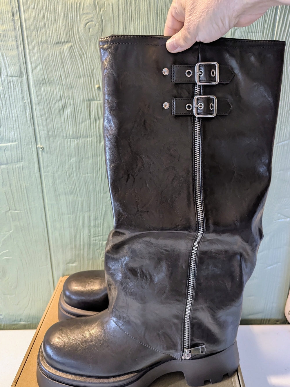 Brown Fold Over Cuff Knee High Moto Boots Size 10 Chunky Lug Sole NEW